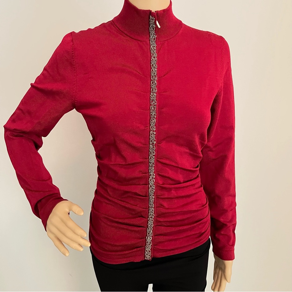 Red Rhinestone Embellished Ruched Long Sleeve Turtleneck Zip-up Blouse